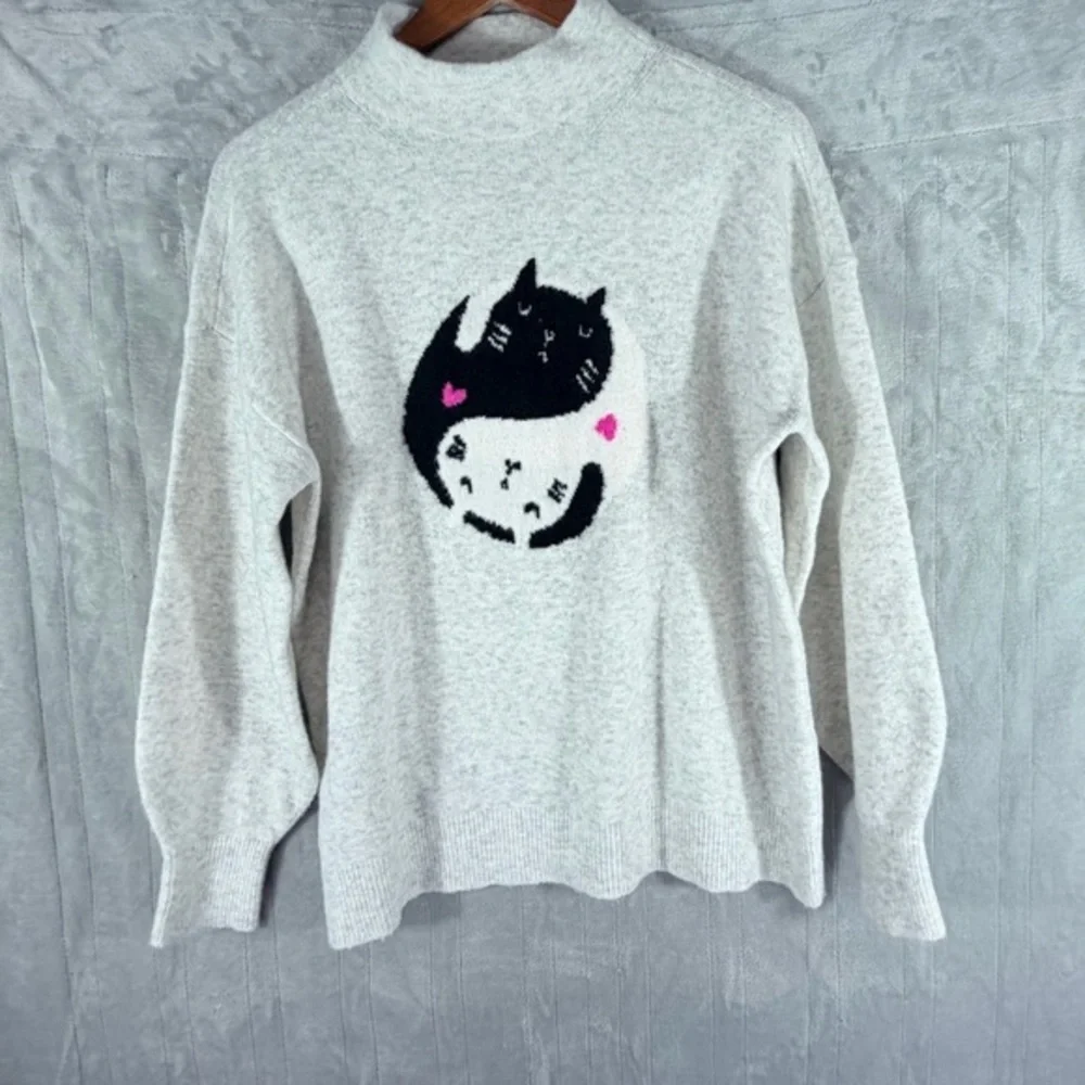 LOFT womens mock neck cat graphic sweater size large gray soft knit